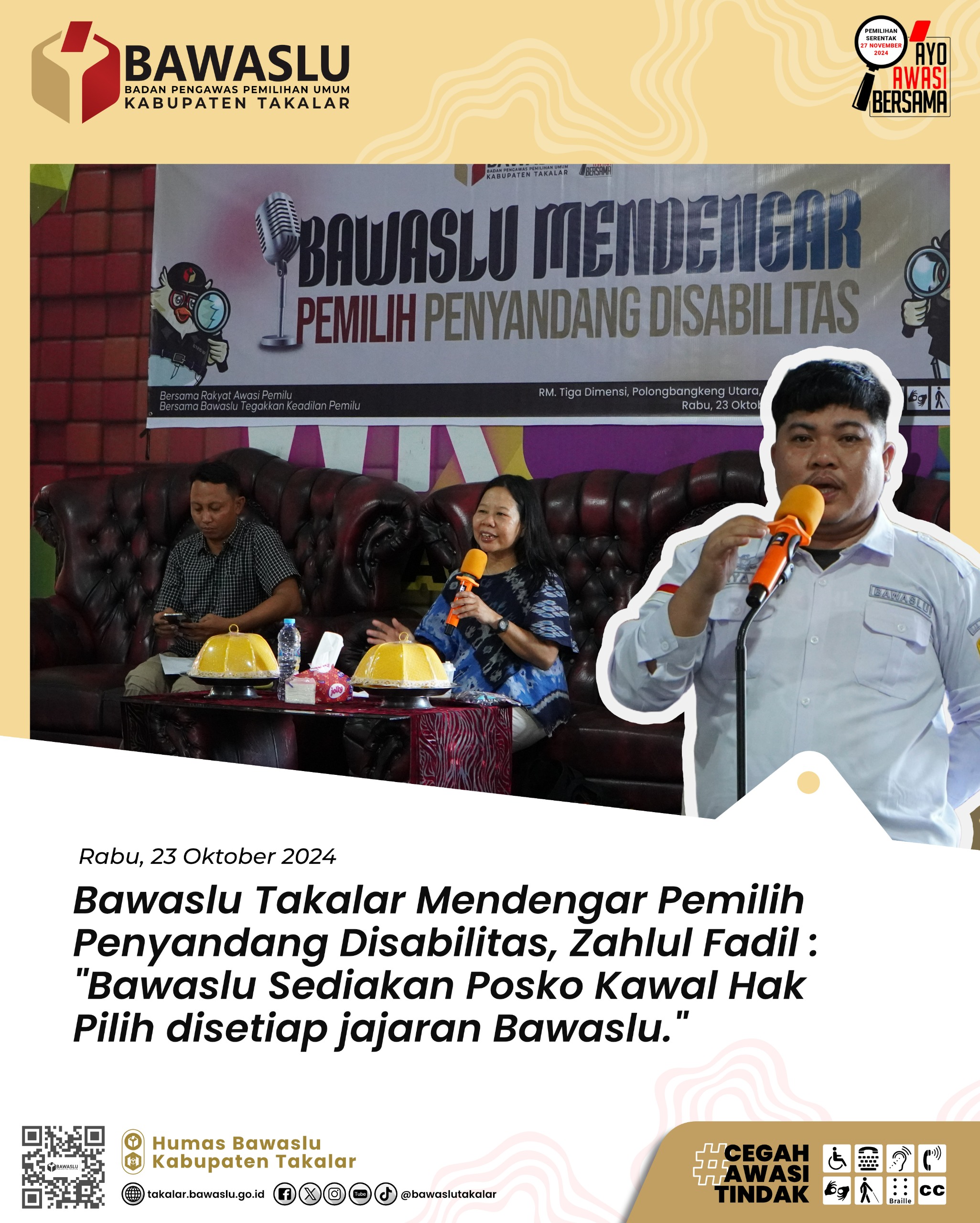 Bawaslu Mendengar Pemilih Disabilitas dilaksanakan Bawaslu Takalar di RM. Tiga Dimensi