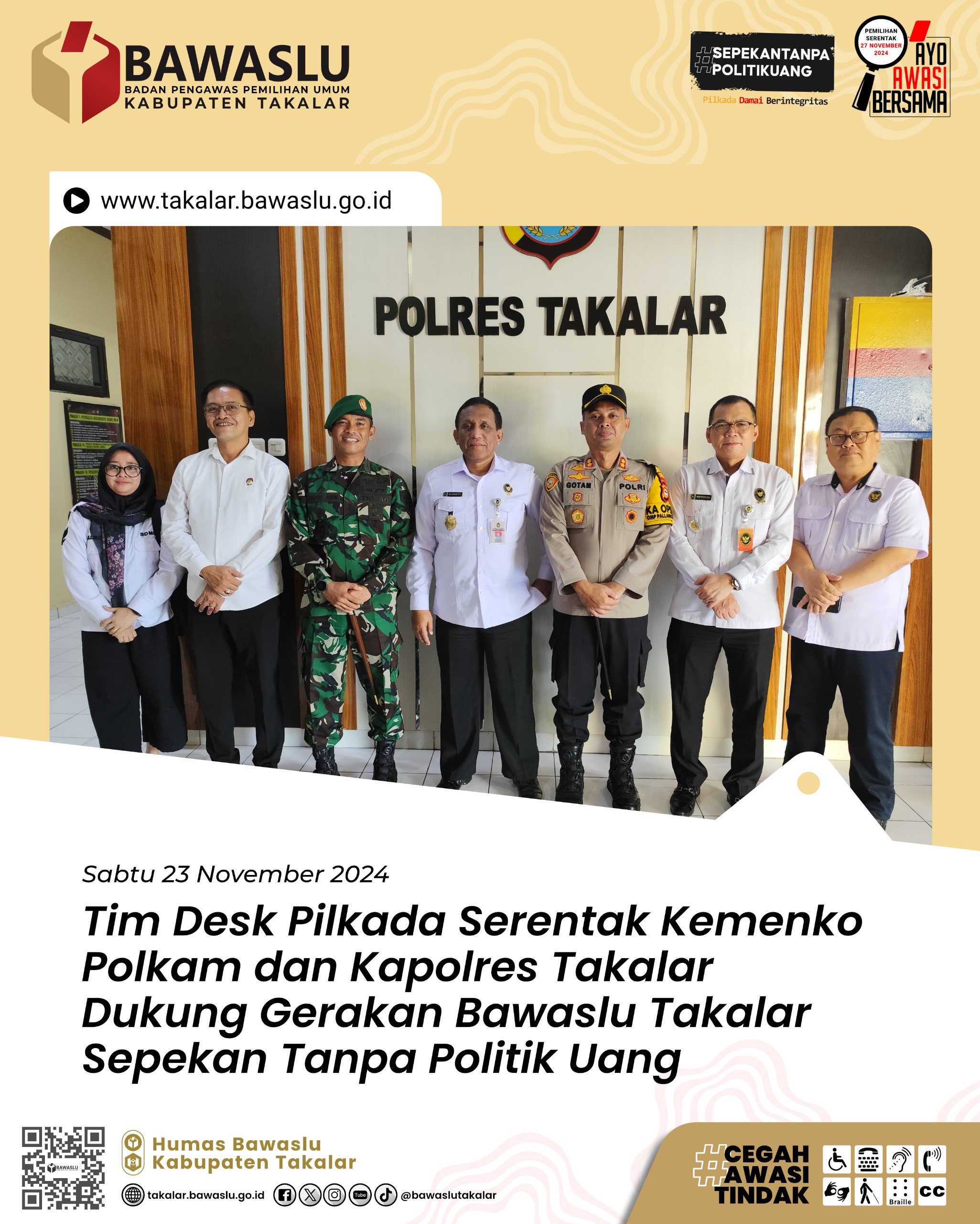 Kapolres Takalar bersama Tim Desk Pilkada Dukung Bawaslu Gerakan Sepekan Tanpa Politik Uang